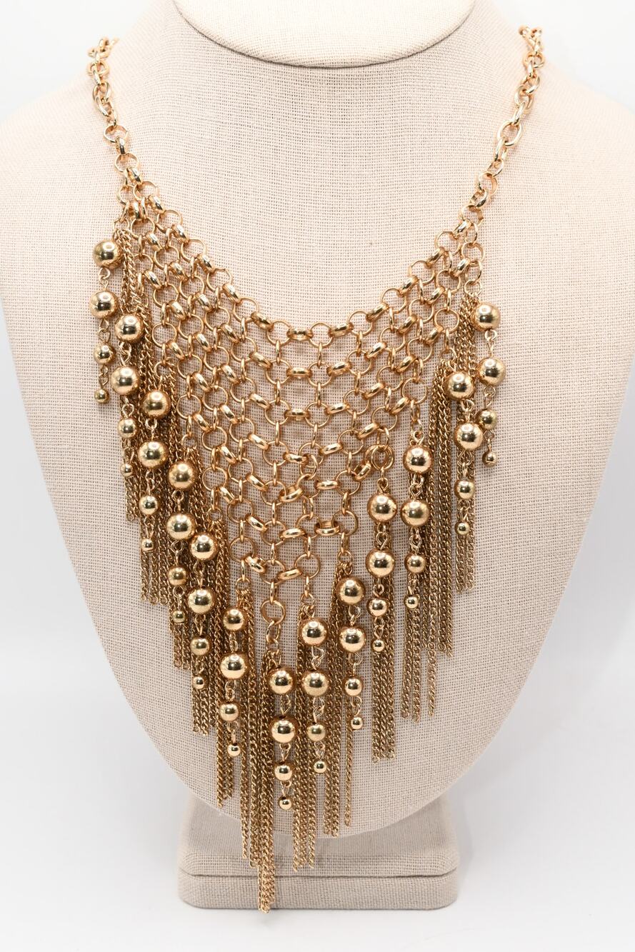 Gold Tone Fringe Bib Necklace Statement 21 Inch Chain Dramatic
